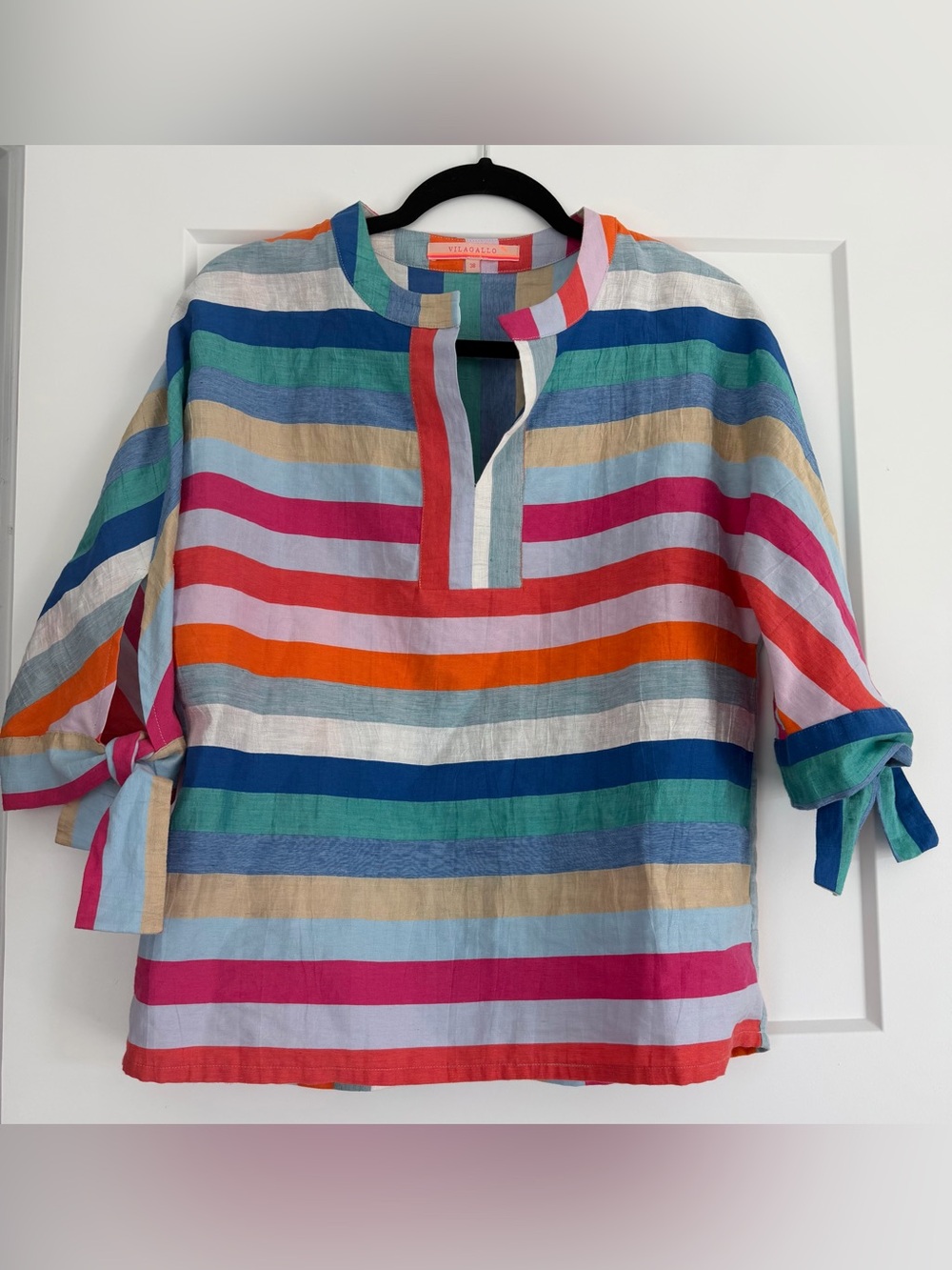 EUC Vilagallo Multicolor Striped Tie-Sleeve Tunic Top Portugal, Size 38= Small